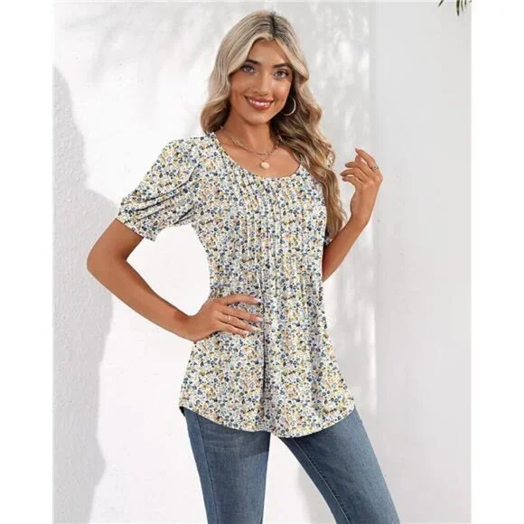 Women's Puff Short Sleeve Tunic Tops Pleated Crew Neck Blouses Casual Loose - Picture 7 of 7
